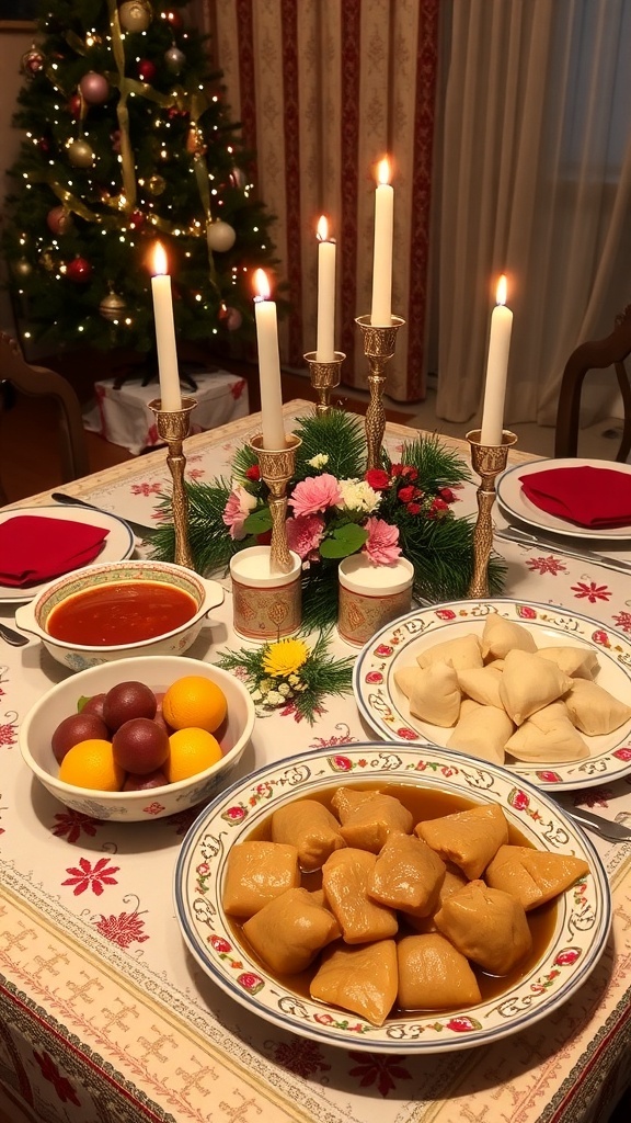 Traditional Ukrainian Christmas Dinner Traditional Ukrainian Christmas dinner with borscht, varenyky, kutia, and festive decorations.